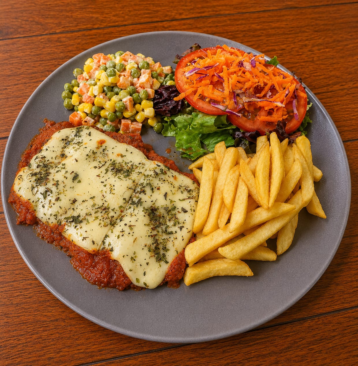 Lomo napolitano con papas fritas y ensalada