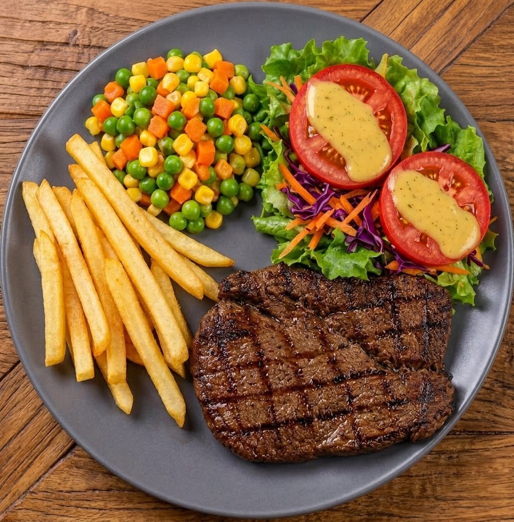 Lomo papas fritas y ensalada