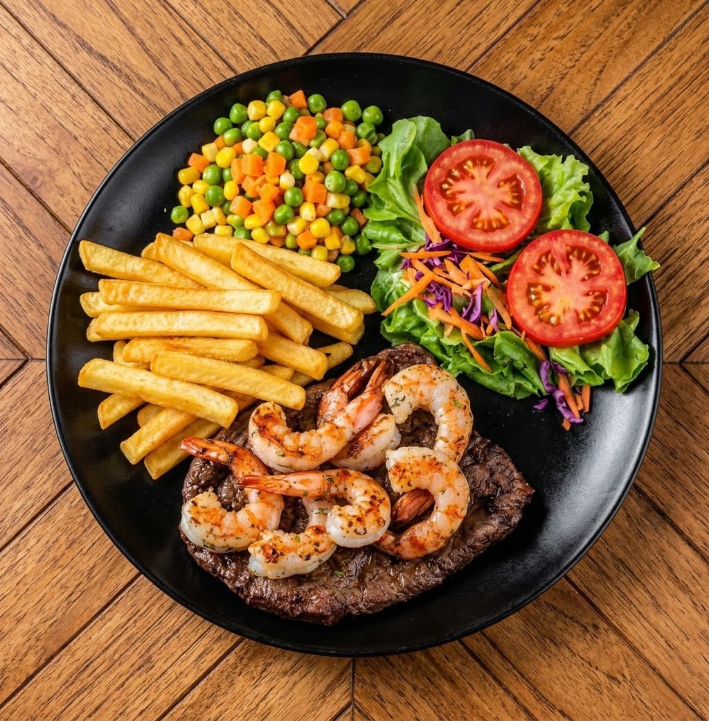 Lomo Camarones papas fritas y ensalada