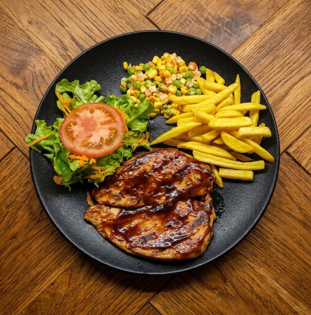 Pollo en salsa BBQ papas fritas y ensalada